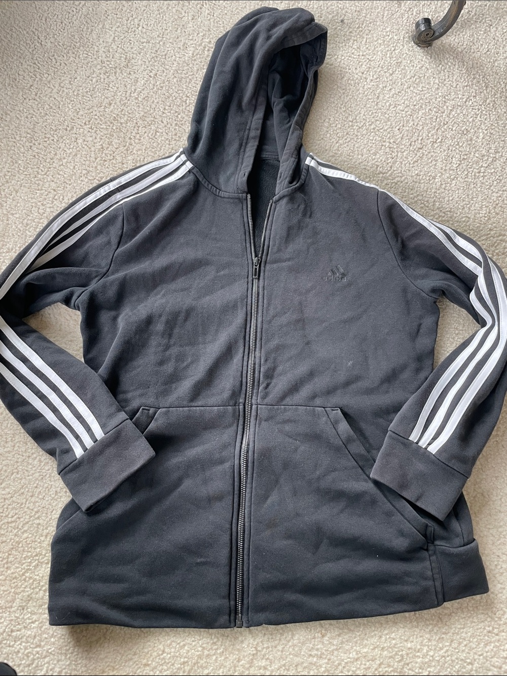 adidas Black Hooded Zip-Up Jacket with White 3-Stripes